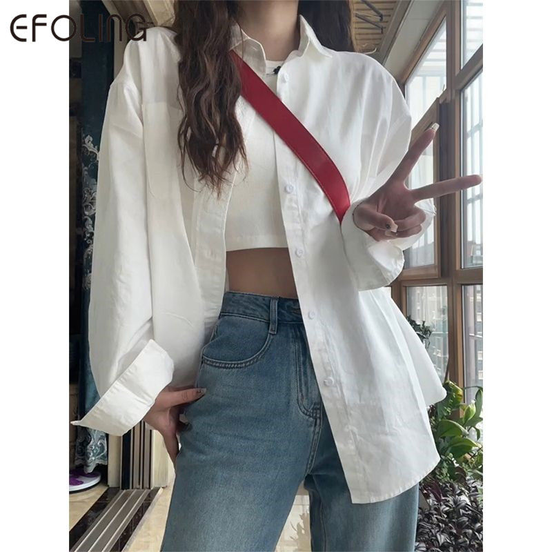 EFOLONG白色襯衫女男友風襯衣夏季長袖開衫外套寬鬆時尚百搭上衣