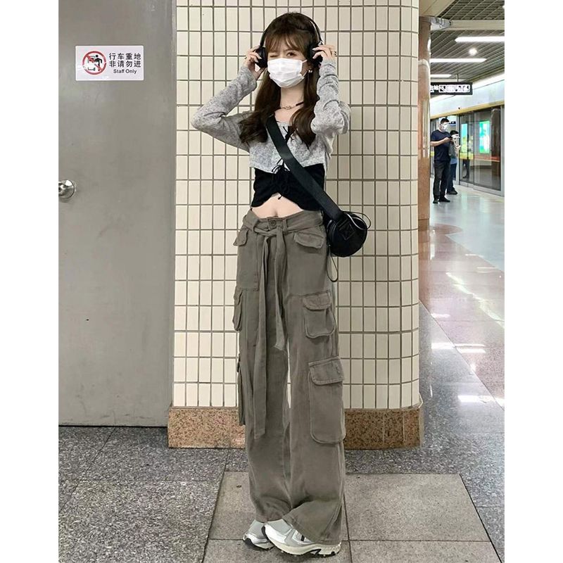 夏季復古多口袋工裝牛仔褲女大碼胖mm高腰顯瘦拖地褲寬鬆直筒褲子