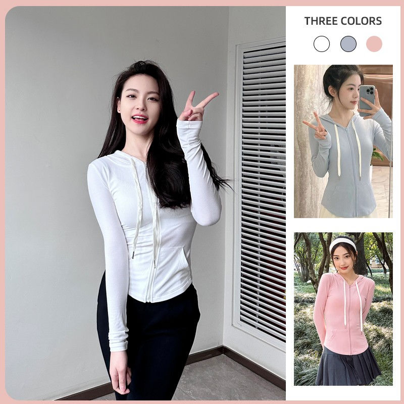 Pure lust style white cardigan women's long sleeve 2023 summer thin sexy sports top hooded slim fit sun protection clothing for women