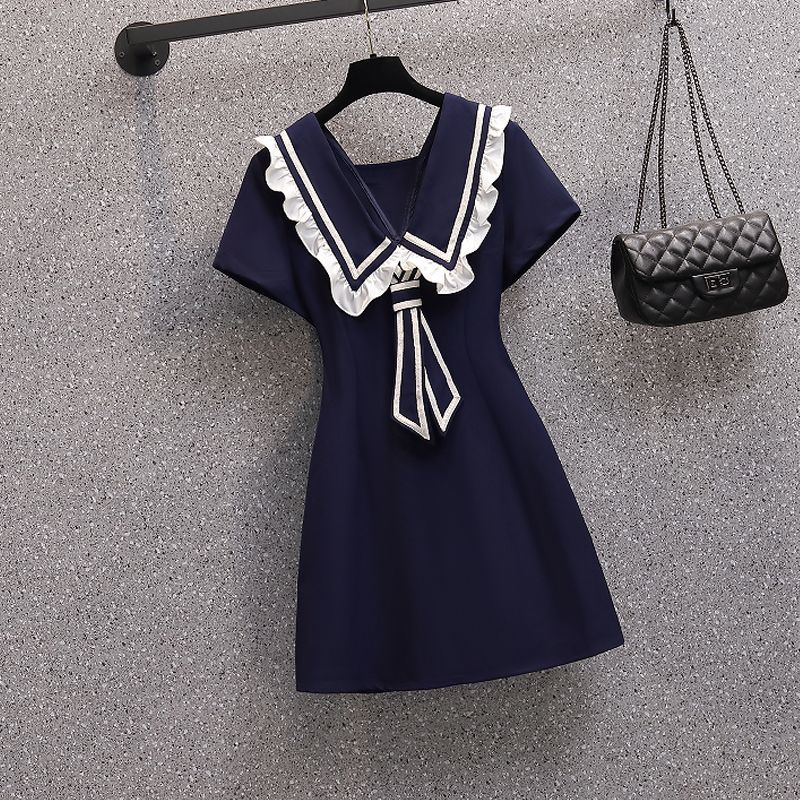 Navy style lace decoration slightly fat mm dress covering meat and showing thin summer small short skirt 150 short