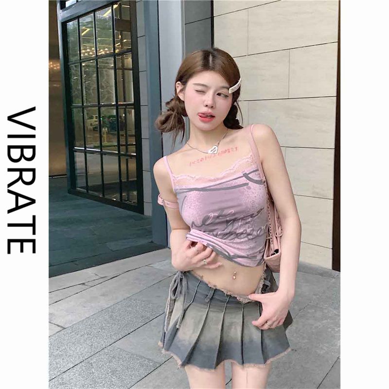 VIBRATE港味甜辣妹吊帶背心女夏季新款蕾絲顯瘦美背無袖上衣潮