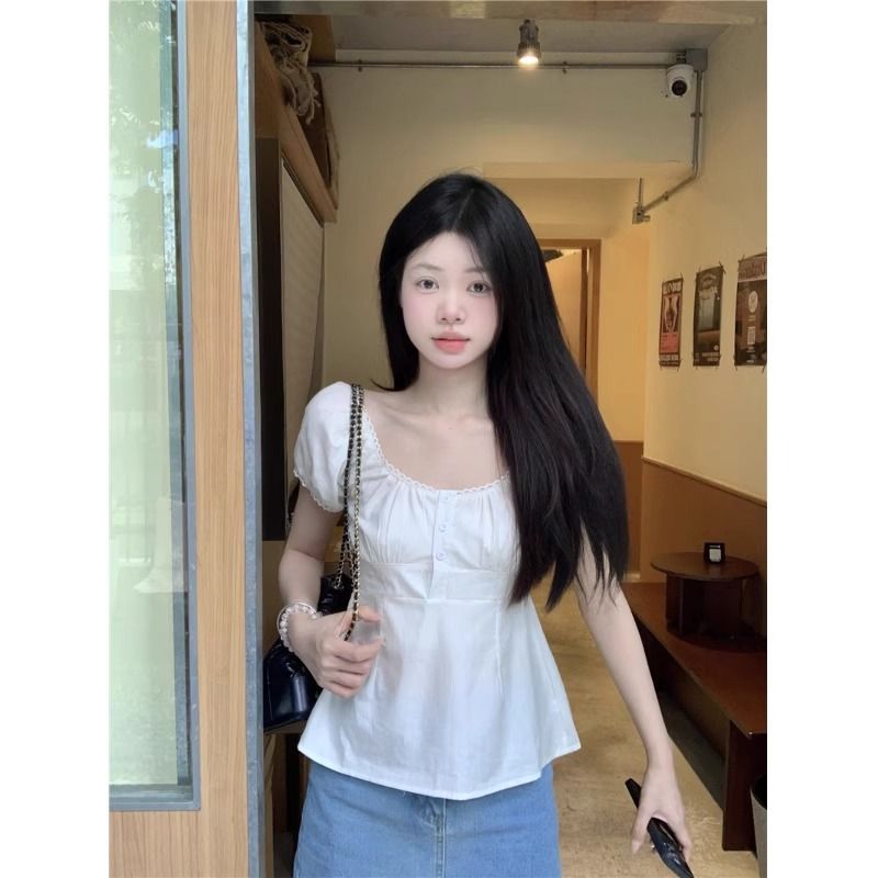 溫柔風氣質減齡泡泡袖白色襯衫女夏季2023新款收腰短款三粒扣上衣