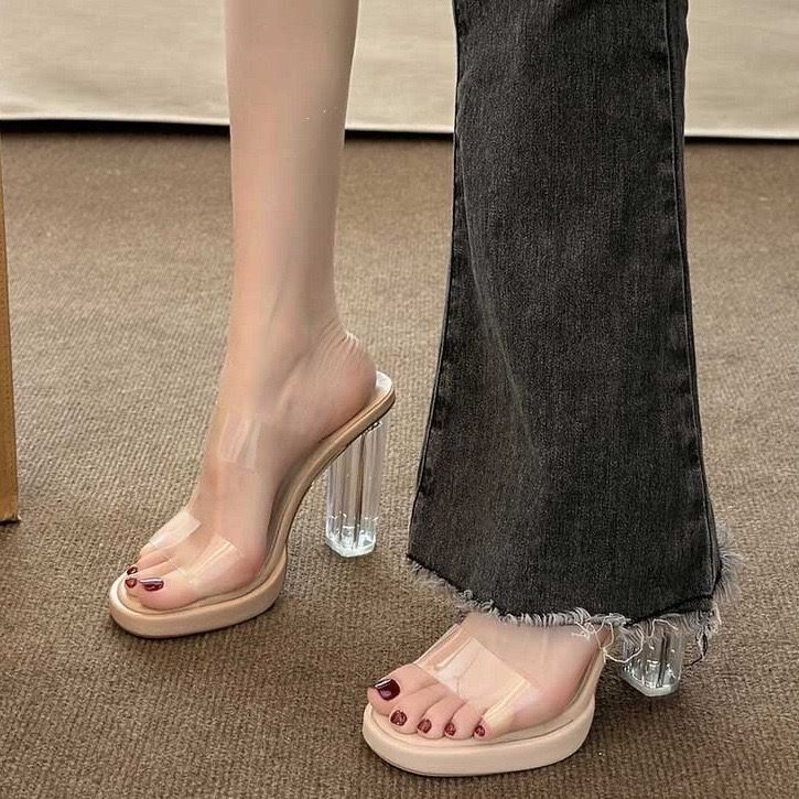 水晶拖鞋女夏外穿時尚仙女法式透明高跟鞋粗跟涼鞋小眾高級感涼拖