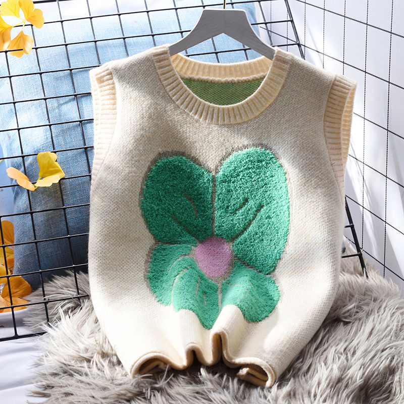Round neck small fresh knitted vest women's vest loose outerwear spring 2023 new Korean version of women's waistcoat sweater