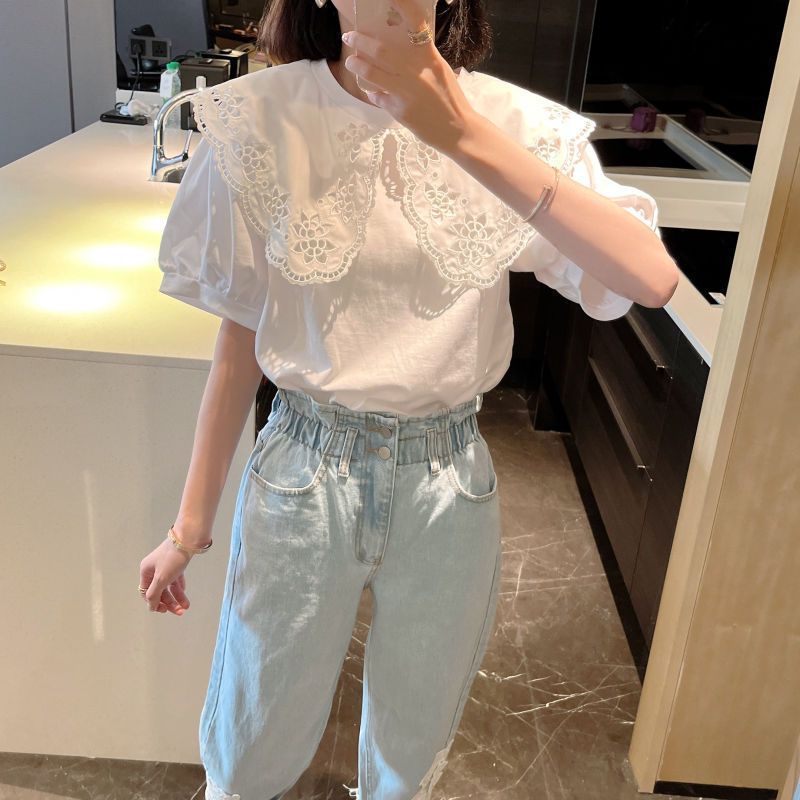 Lotus leaf flower doll collar ins style fashion short-sleeved T-shirt slightly fat MM loose design sense ins niche large size women's clothing