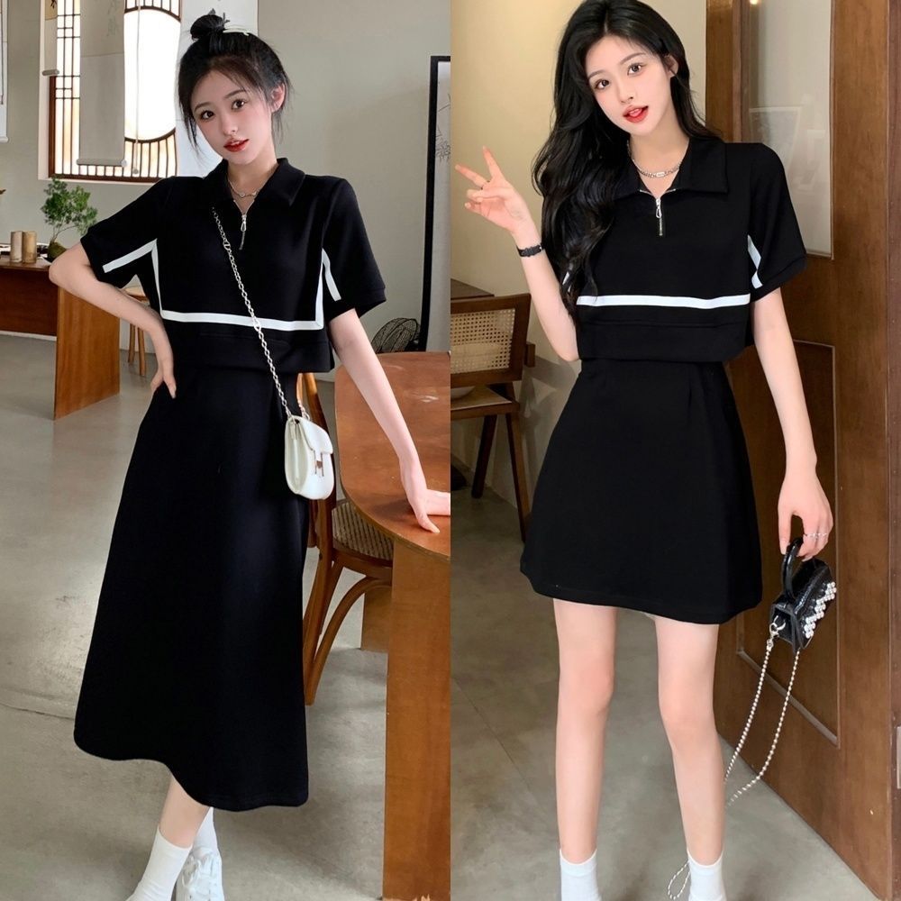 Large size 2023 summer new women's fashion lapel thin fake two-piece casual dress women's age-reducing short-sleeved