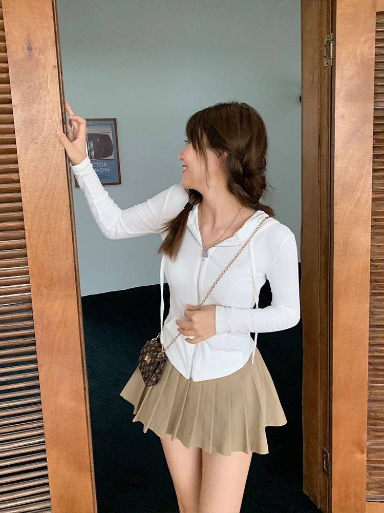 Sun protection white short hooded ice silk cardigan jacket for women 2022 autumn thin versatile slim long-sleeved top