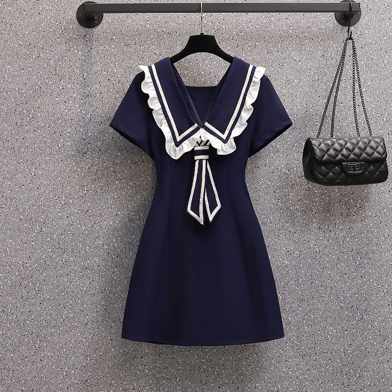 Navy style lace decoration slightly fat mm dress covering meat and showing thin summer small short skirt 150 short