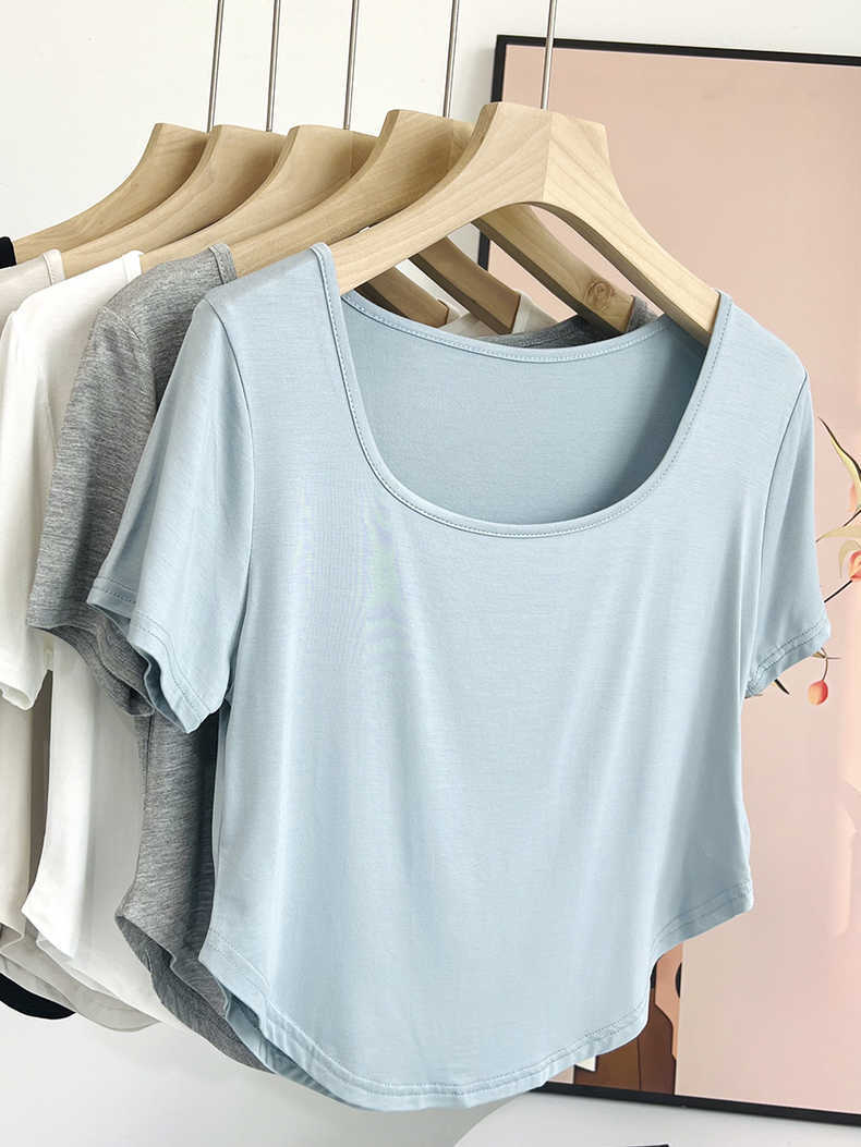 Super soft waxy modal drape square collar short-sleeved T-shirt women's summer self-cultivation slimming short bottoming shirt solid color top