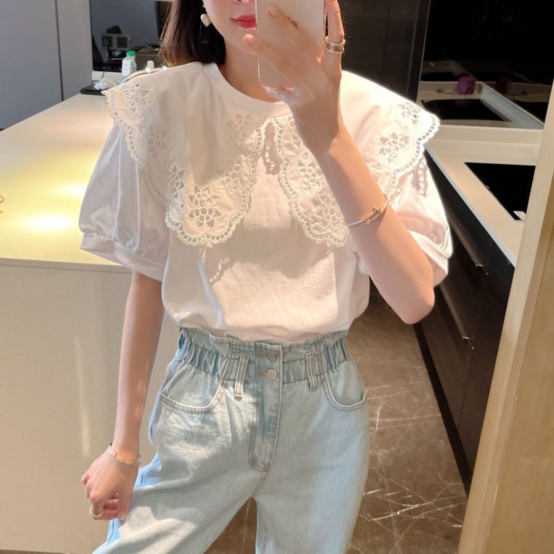 Lotus leaf flower doll collar ins style fashion short-sleeved T-shirt slightly fat MM loose design sense ins niche large size women's clothing