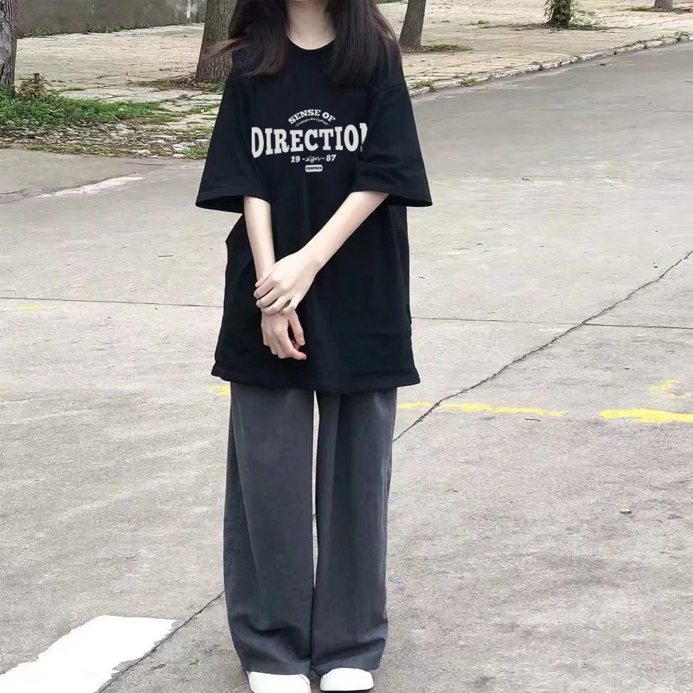 夏季2023新款短袖套裝女學生T恤韓版寬鬆休閒直筒褲時尚兩件套ins