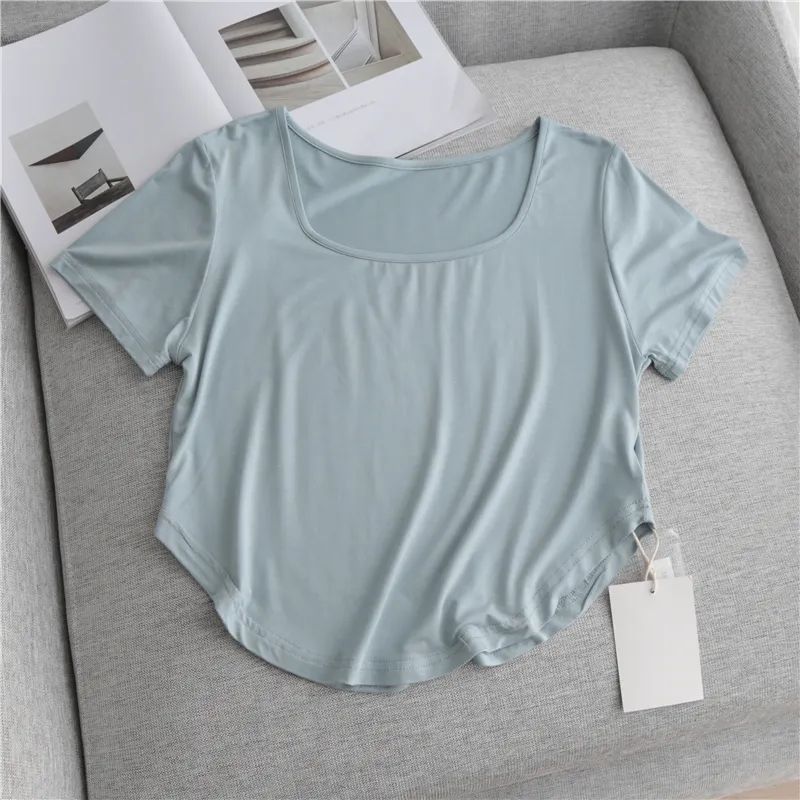 Super soft glutinous square collar modal short-sleeved T-shirt women's summer 2023 new solid color slim-fit collarbone hanging top ins