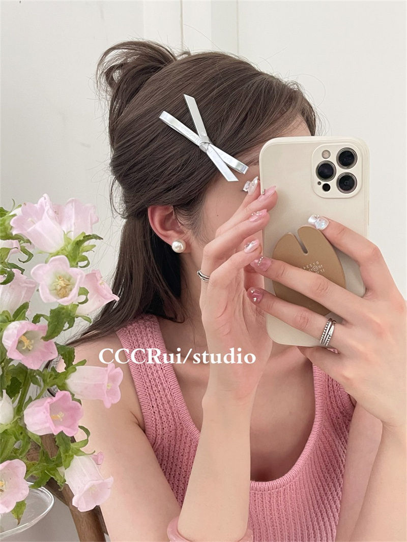 Korean metal silver leather texture bow hair clip silver niche duckbill clip temperament word side clip new female