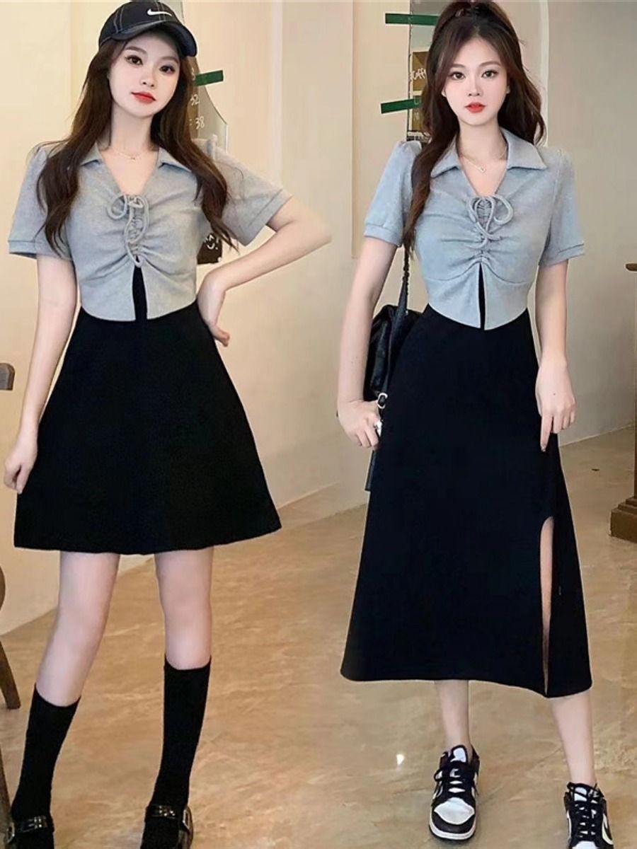 Large size women's fake two-piece splicing short-sleeved dress women's summer new retro waist slimming long and short skirt