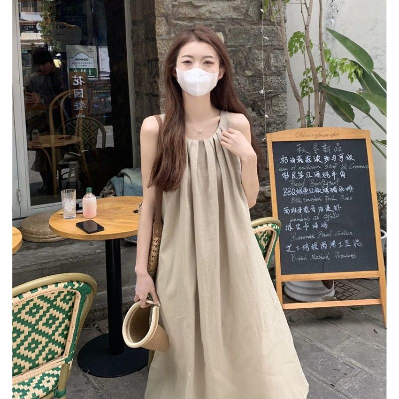 Holiday style solid color sleeveless vest dress women's summer  new all-match loose slim bottoming mid-length skirt