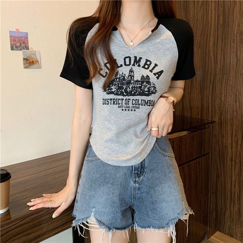 Slightly fat mm front shoulder top American temperament thin short v-neck short-sleeved t-shirt large size women's summer French top