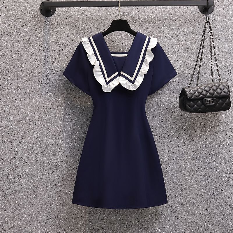 Navy style lace decoration slightly fat mm dress covering meat and showing thin summer small short skirt 150 short