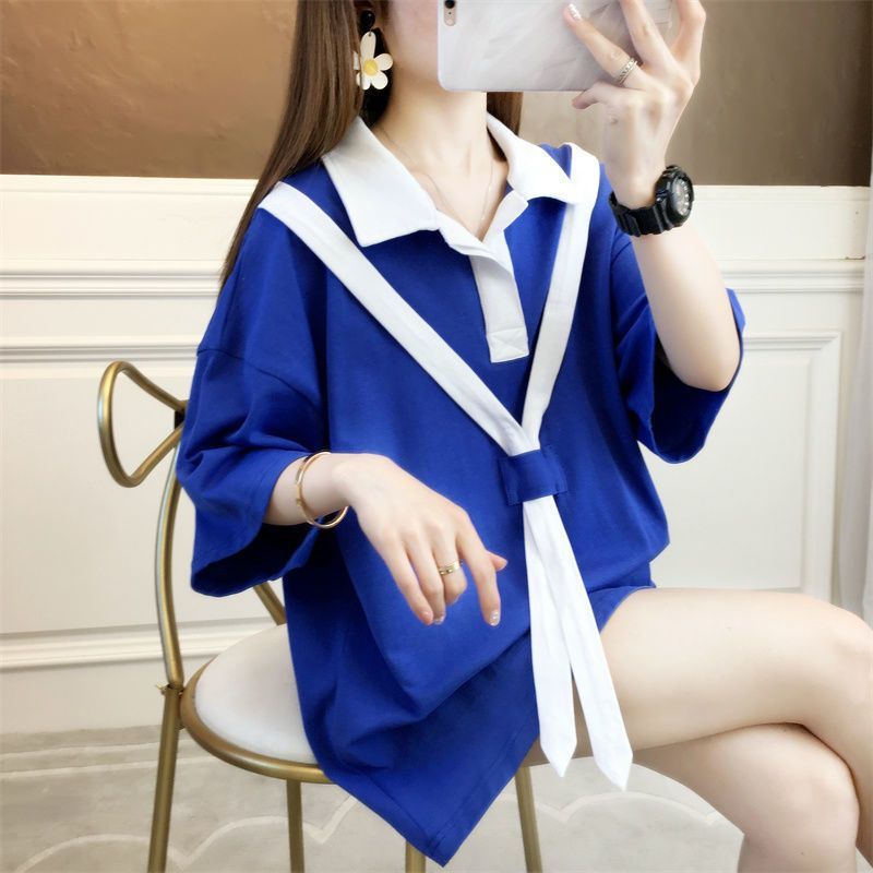 Dark blue short-sleeved top summer women's clothing Korean version loose large size slightly fat mm mid-length polo collar t-shirt girls