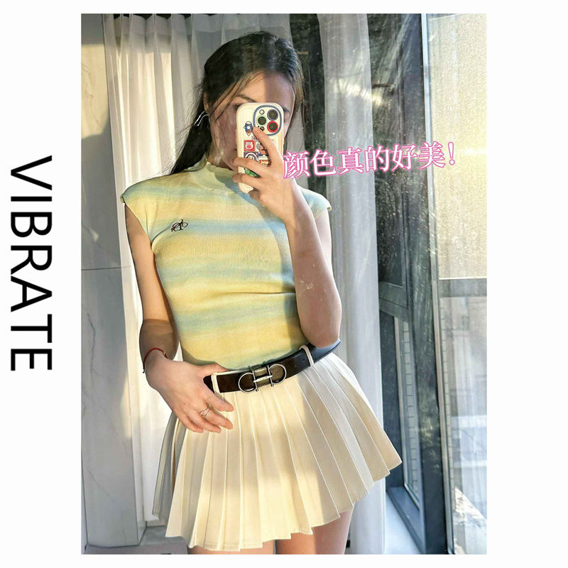 VIBRATE raglan sleeve T-shirt women's summer 2023 new niche college style half-high collar slim wool knitted short sleeves