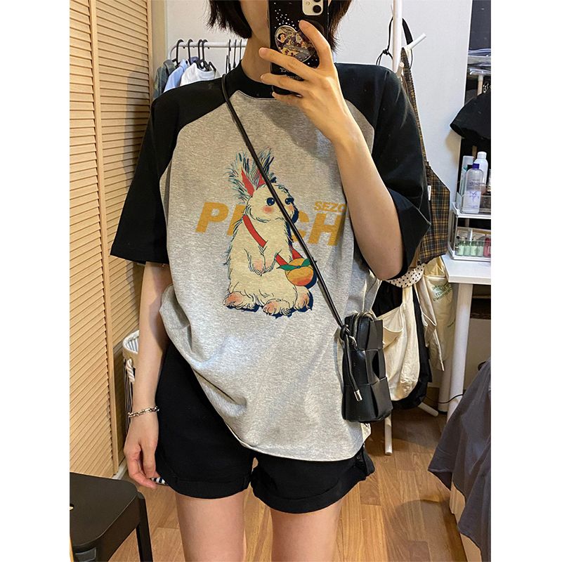 美式復古撞色短袖t恤女2023夏季新款小眾大碼胖mm寬鬆五分袖上衣