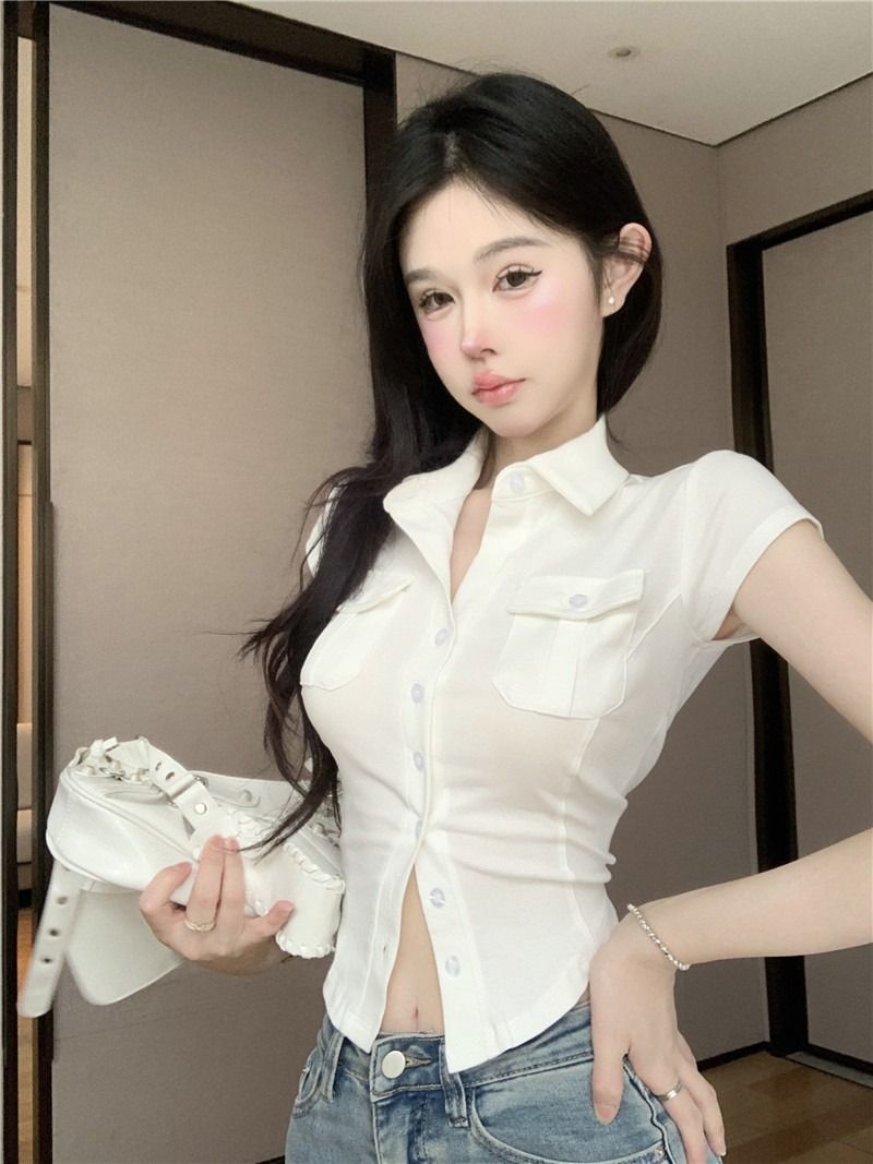 辣妹polo領純欲白色正肩短袖襯衫女夏季修身顯瘦短款襯衣上衣T恤