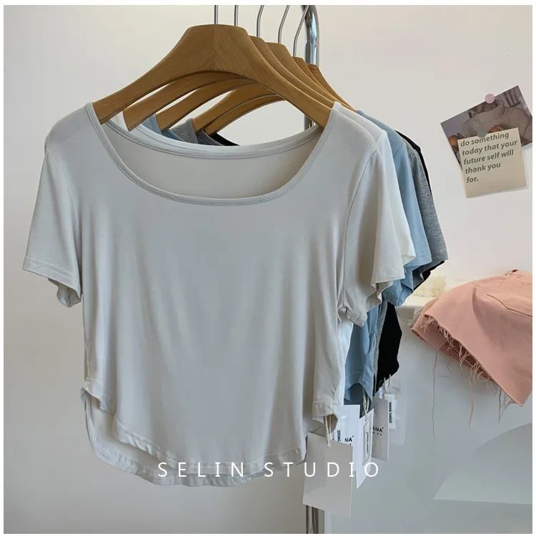 Draping square collar modal short-sleeved t-shirt women's summer design sense of self-cultivation and slimming