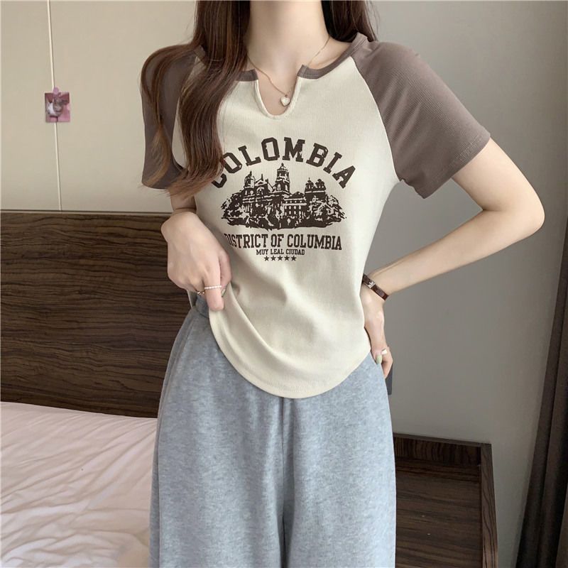 Slightly fat mm front shoulder top American temperament thin short v-neck short-sleeved t-shirt large size women's summer French top