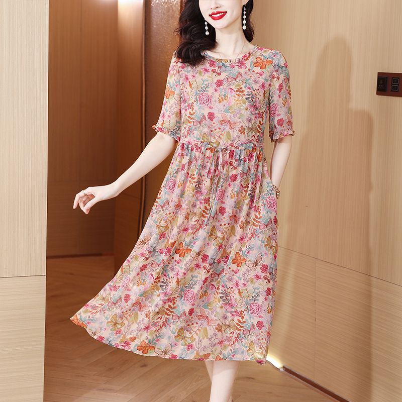 High-end silk floral dress women's 2022 new summer style waist-tie slimming printed temperament a-line skirt