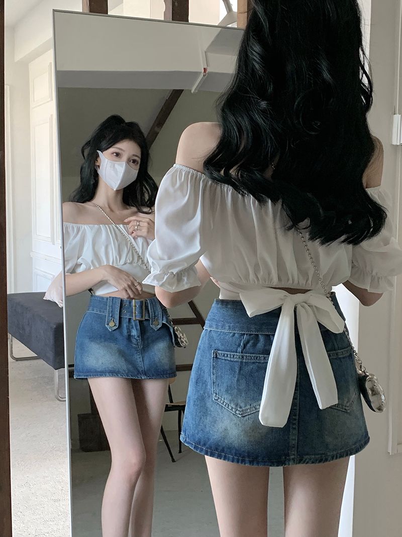 辣妹一字肩蝴蝶結綁帶短袖T恤女夏泡泡袖襯衫設計感小眾短款上衣