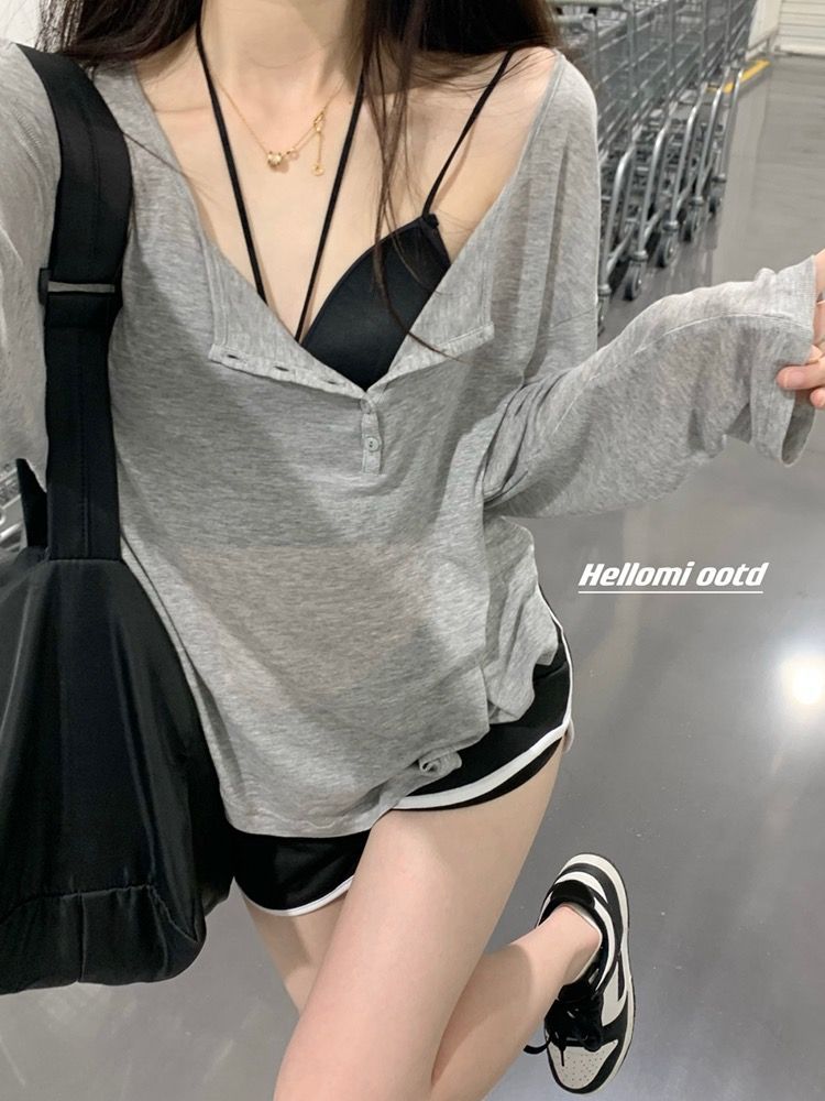 純欲風T恤女裝夏季灰色薄款防曬v領長袖小罩衫寬鬆顯瘦中長款上衣