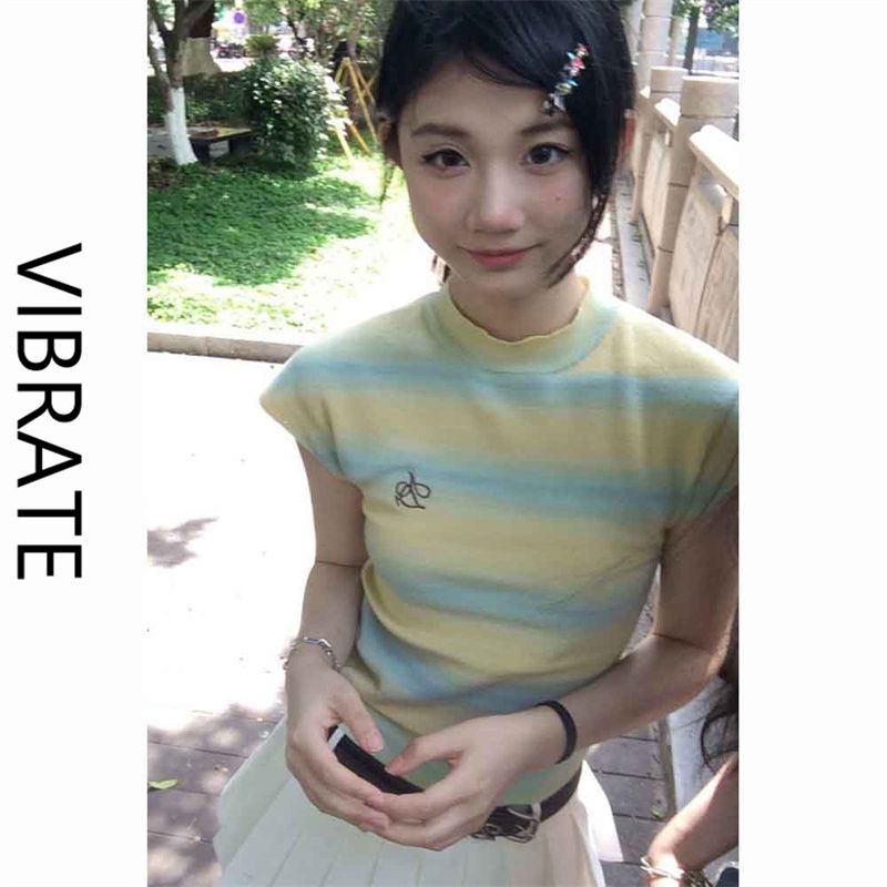 VIBRATE American retro hot girl short slim T-shirt short-sleeved sweater female chic striped sleeveless top summer