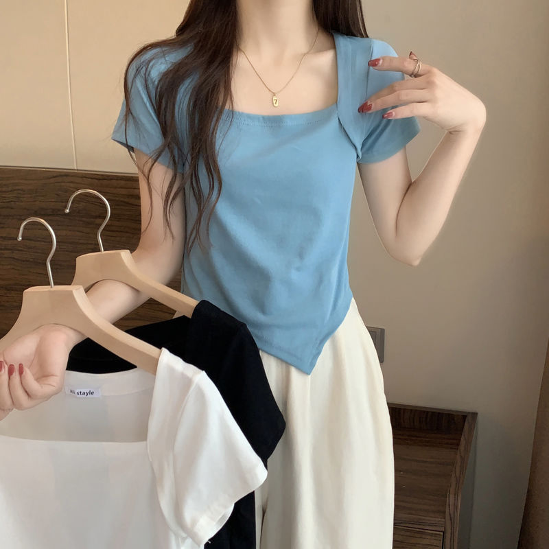 夏季方領辣妹短袖顯瘦遮肉2023年新款大碼胖mm正肩短款上衣ins潮