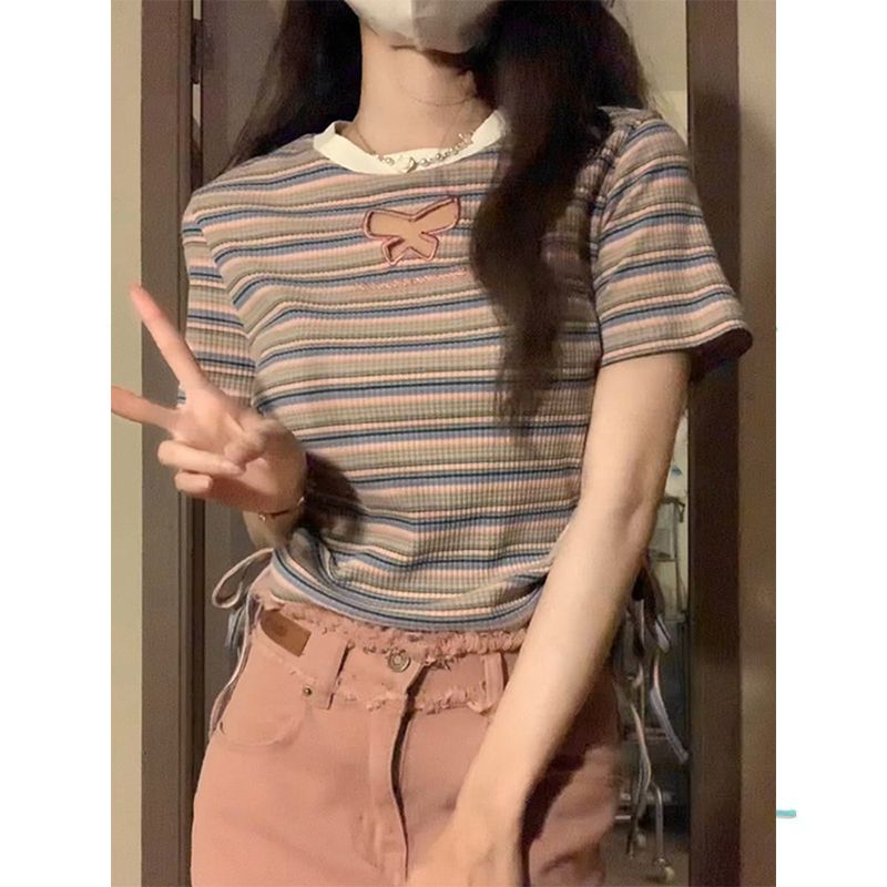 大碼胖妹妹鏤空抽繩短袖針織衫女2023夏季新款甜辣妹修身短款上衣