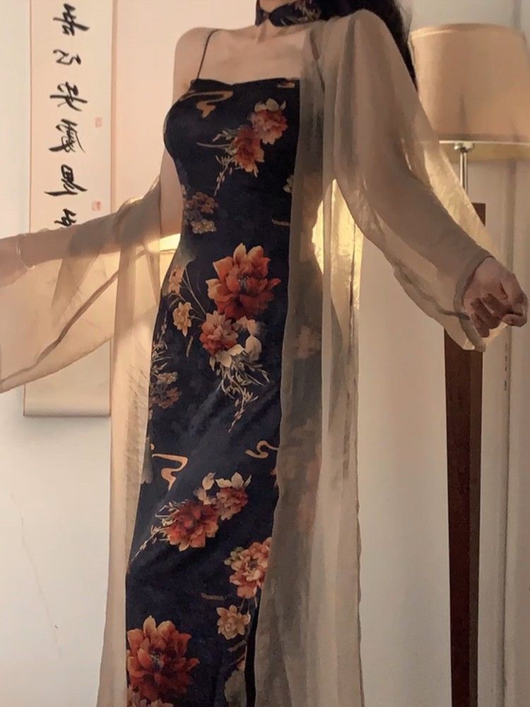 【品牌LALADUDU】胖mm新中式復古連衣裙女收腰氣質長裙+開衫套裝