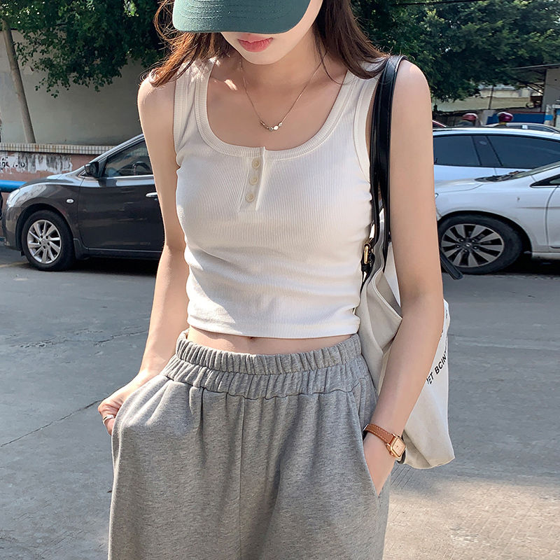 純欲辣妹短款大碼胖mm紐扣吊帶背心女2023夏季設計感修身無袖上衣