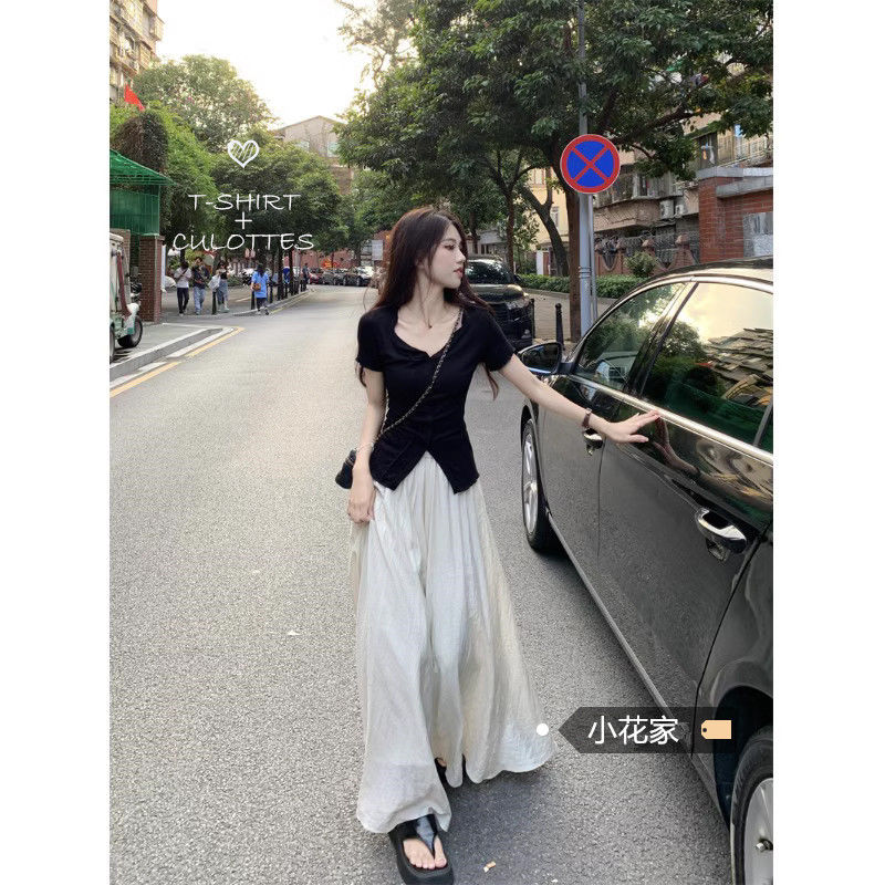 純欲風套裝女黑色開叉V領短袖T恤夏季高腰闊腿褲長裙褲休閒兩件套