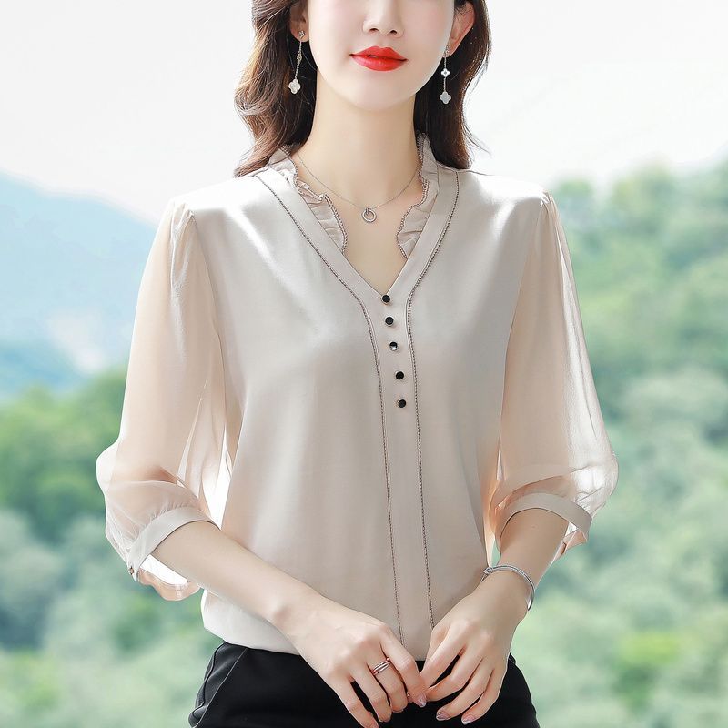 夏季2023新款V領時尚雪紡衫襯衫七分袖減齡顯瘦百搭上衣女