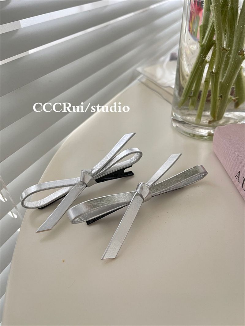Korean metal silver leather texture bow hair clip silver niche duckbill clip temperament word side clip new female