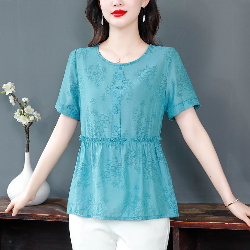 Jacquard cotton and linen short-sleeved T-shirt women's summer loose large size belly cover thin all-match large size foreign style shirt top women
