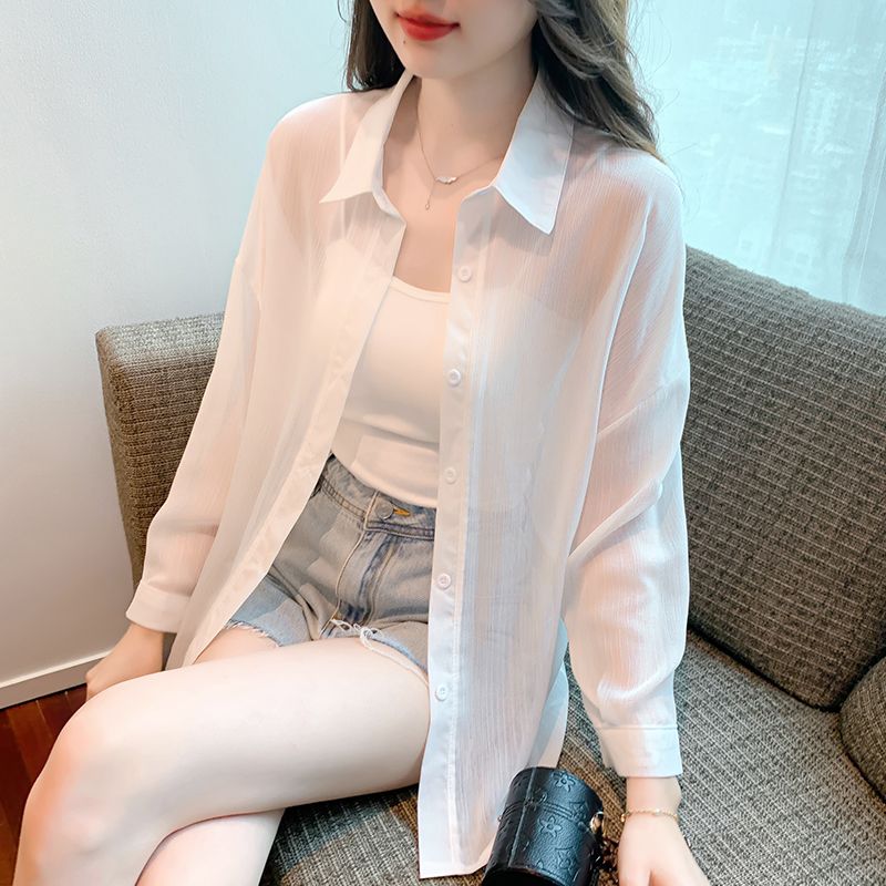 夏季薄款防曬衣女寬鬆休閒雪紡上衣襯衣2023新款長袖開衫襯衫外套