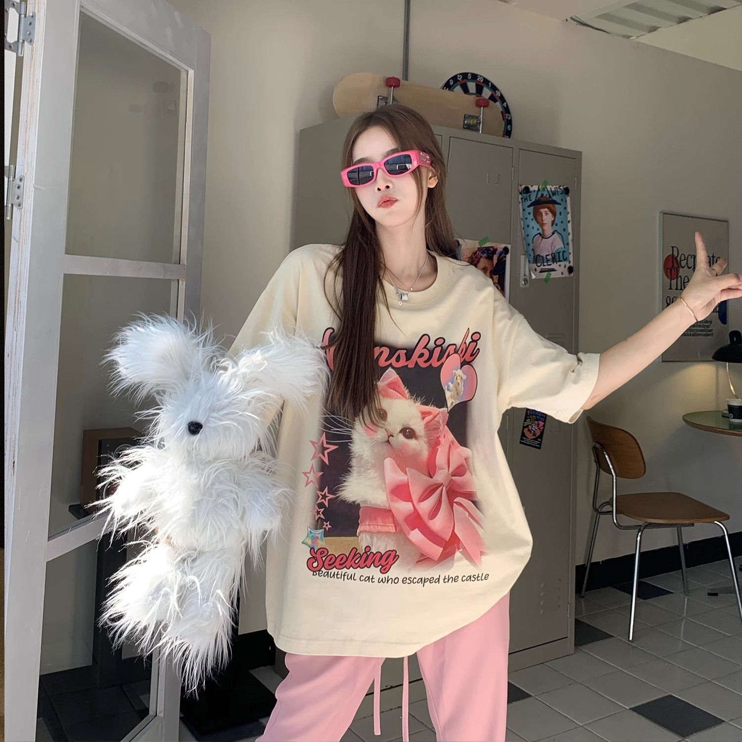 重磅純棉美式復古卡通貓咪印花短袖t恤女夏季新款寬鬆韓版上衣ins