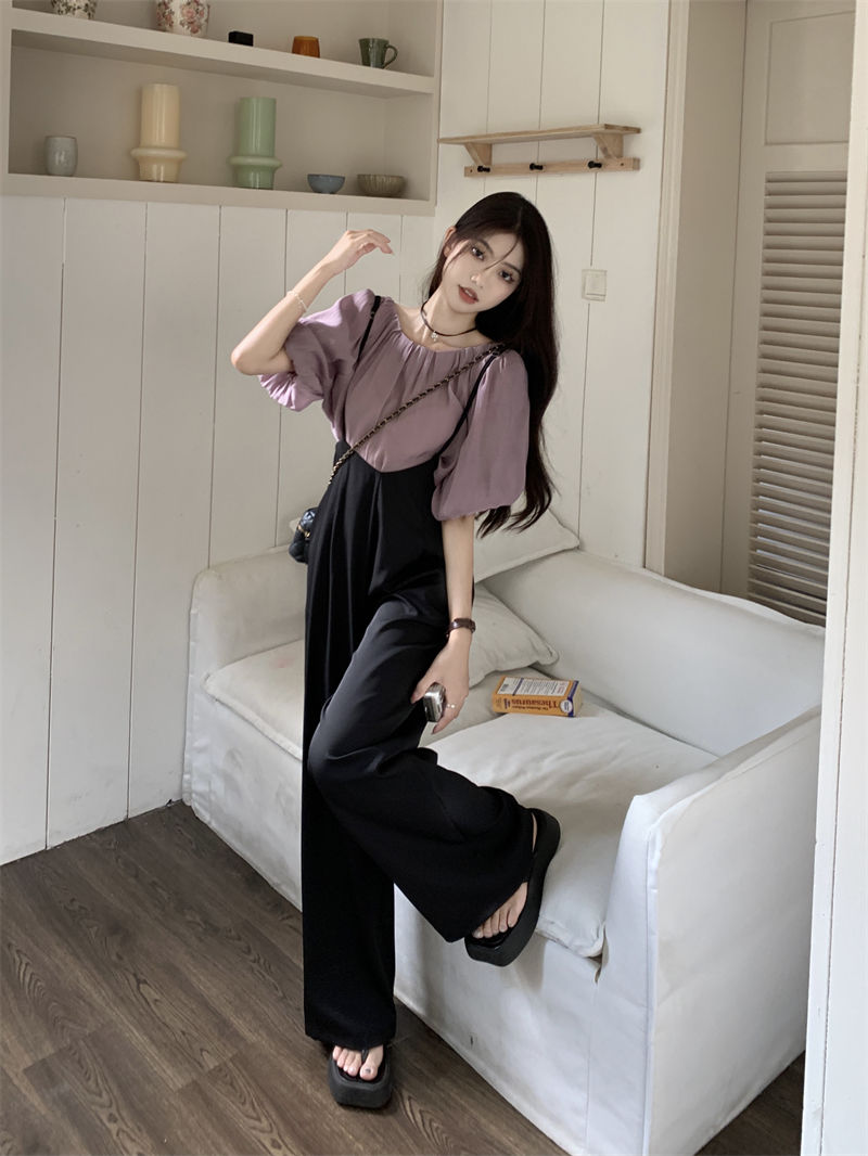 溫柔泡泡袖上衣套裝女裝夏季2023年新款黑色顯瘦法式吊帶褲兩件套