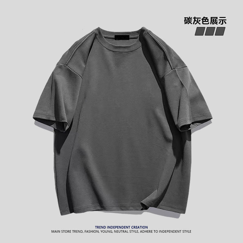 Versatile high-end gray! 200g heavyweight pure cotton round neck short-sleeved T-shirt for women, thick casual and versatile loose top for men