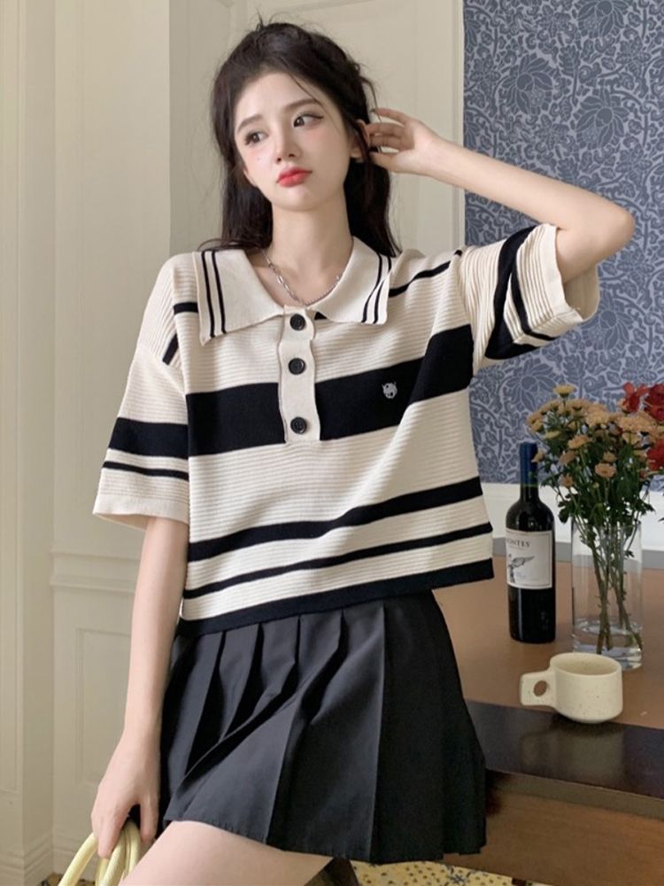 Large size loose striped polo collar sweater short-sleeved t-shirt female ins tide summer fat sister cover meat short top