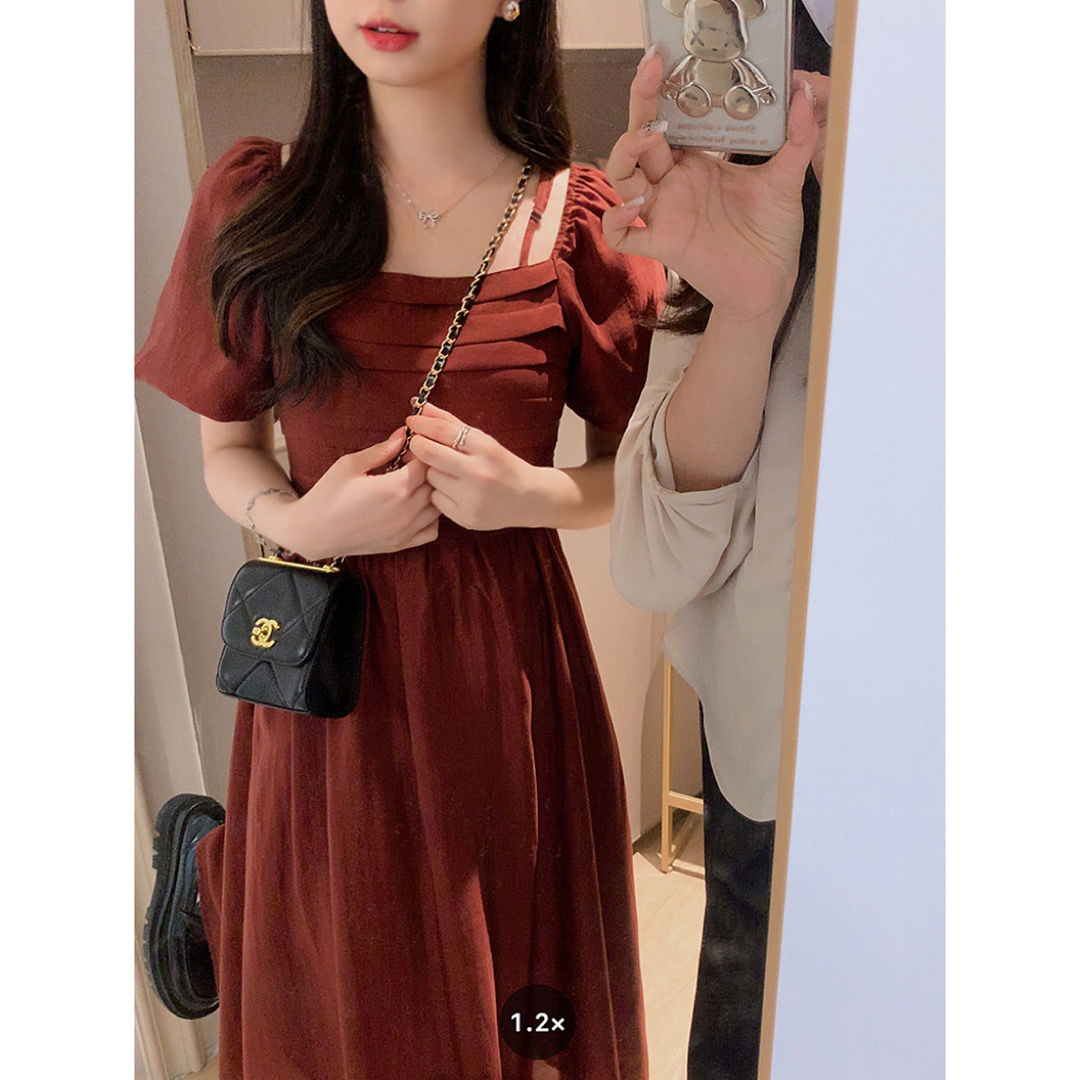 Vacation style 2023 summer Korean style slim waist French square collar puff sleeves off-the-shoulder dress women's high-end sense long skirt