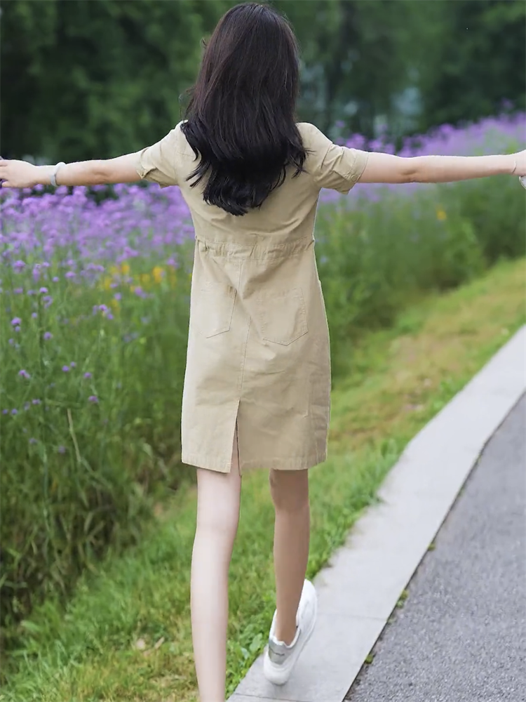 蓝海奕诺短袖收腰显瘦工装连衣裙女夏季新款休闲小个子A字裙