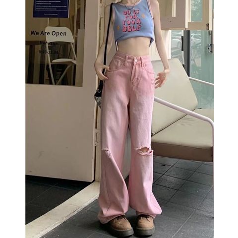 粉色漸變破洞高腰牛仔褲女夏季小個子2023新款直筒顯瘦寬鬆闊腿褲