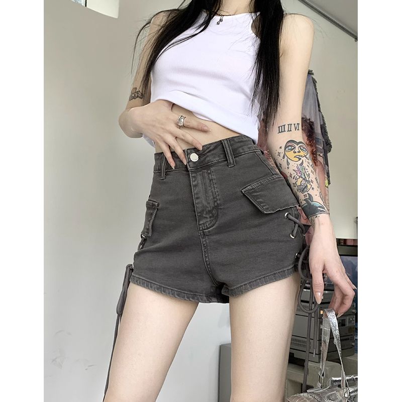 Summer hot girl design drawstring denim shorts for women petite high-waist slim hip-covering a-line ultra-short hot pants trendy