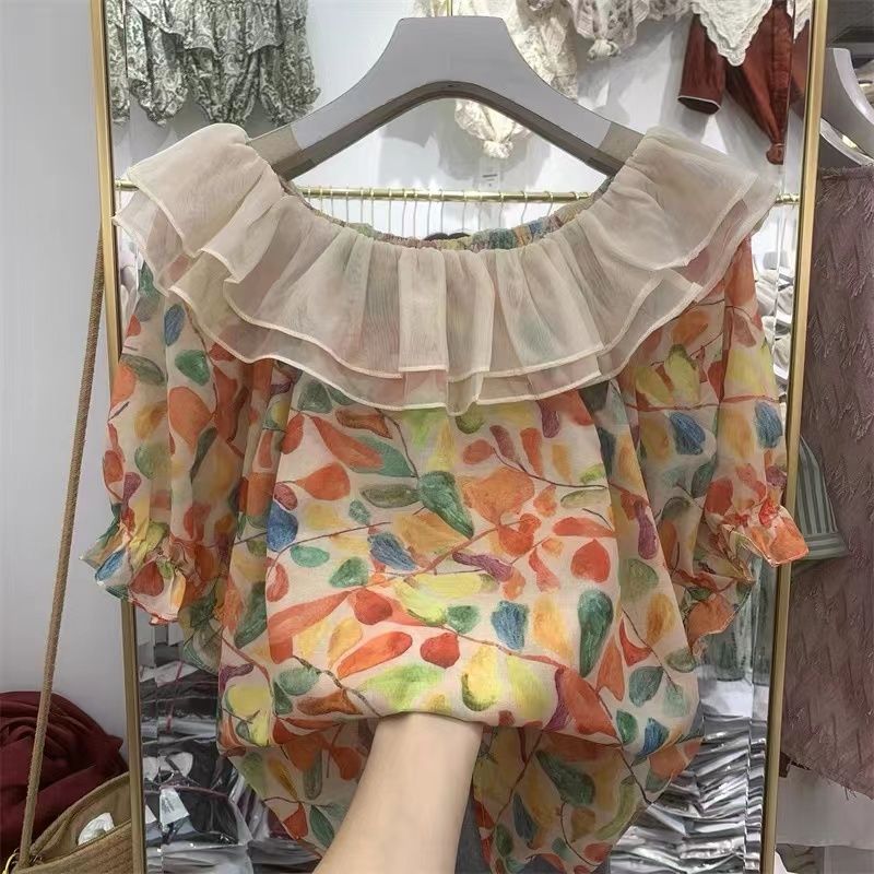 減齡荷葉邊雪紡衫上衣女2023夏季新款一字領露肩洋氣漂亮遮肉小衫