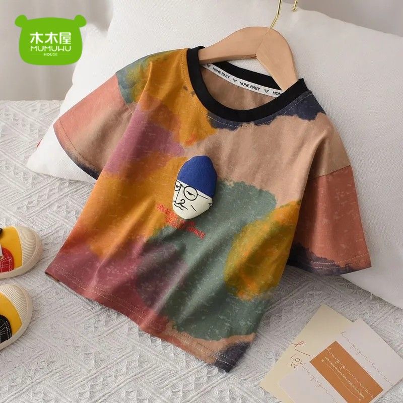 Wooden house children's short-sleeved summer boys and girls tie-dye contrast color T-shirt 2023 new middle and large children's cotton casual tops